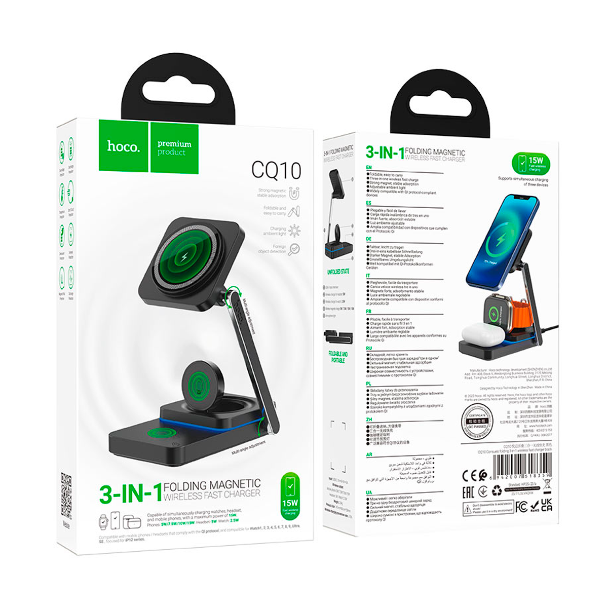 Cargador Inalámbrico 3 en 1 Hoco Cq10 15w Negro – imagen 2