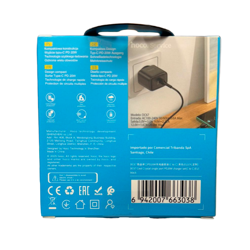 Cargador Carga Rapida Hoco Dc67 20w Tipo C + Cable Negro – imagen 2