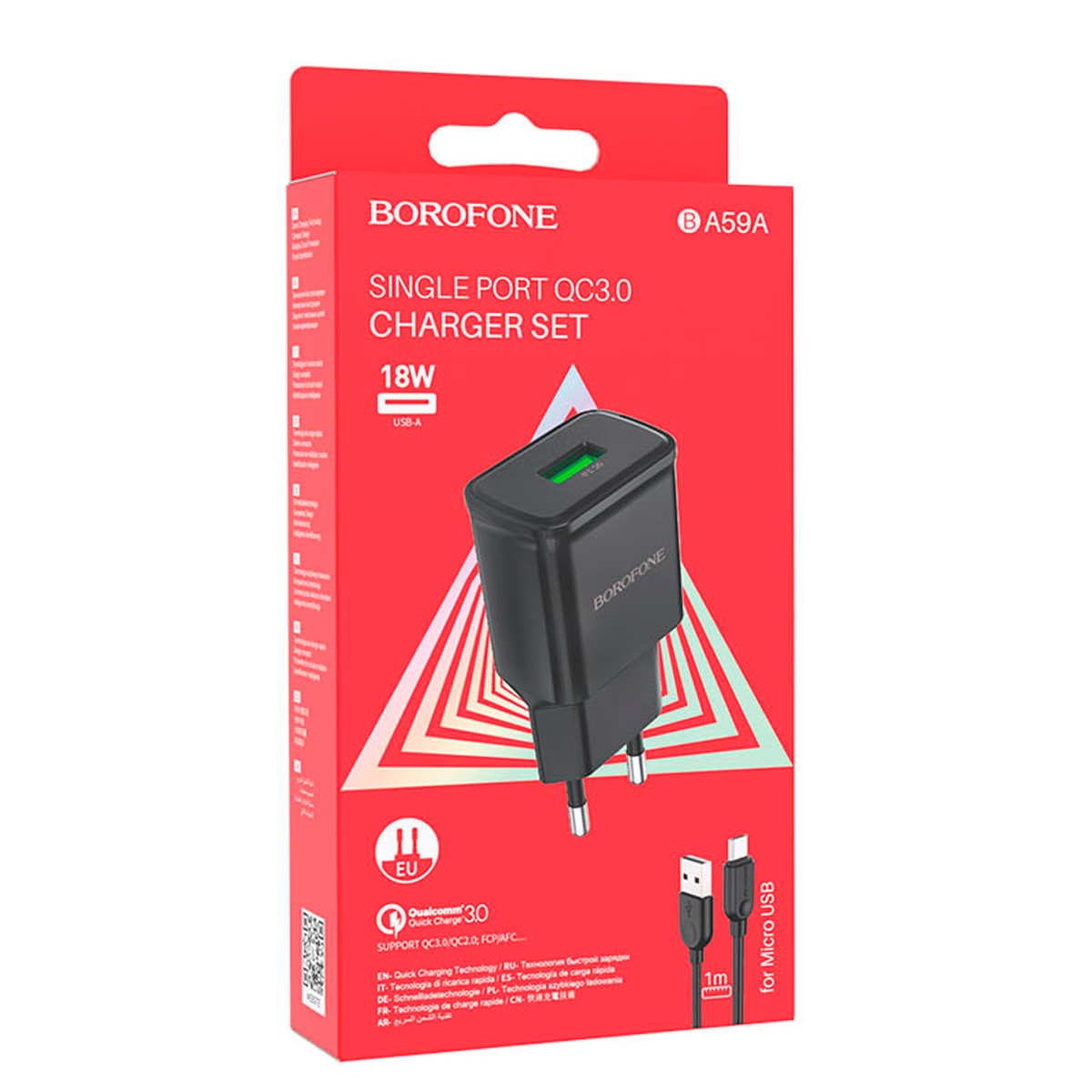 Cargador Borofone Ba56a Qc 3.0 Carga Rapida + Cable Micro Usb Negro – imagen 2