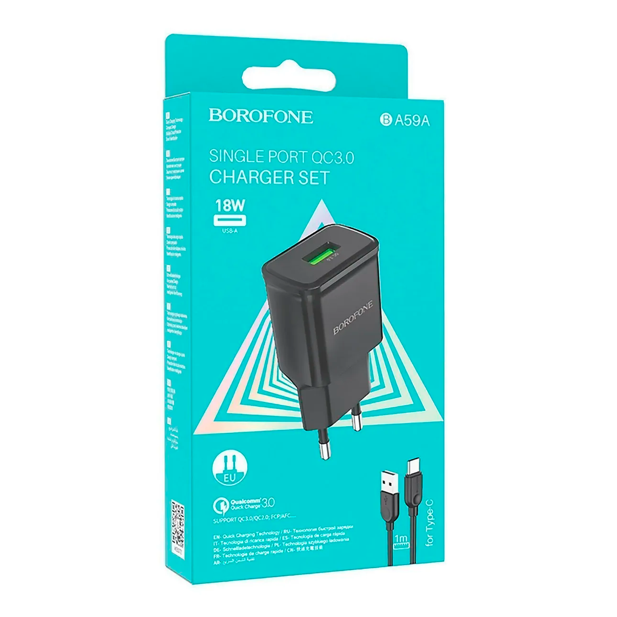 Cargador Borofone Ba56a Qc 3.0 Carga Rapida + Cable Tipo C Negro – imagen 2