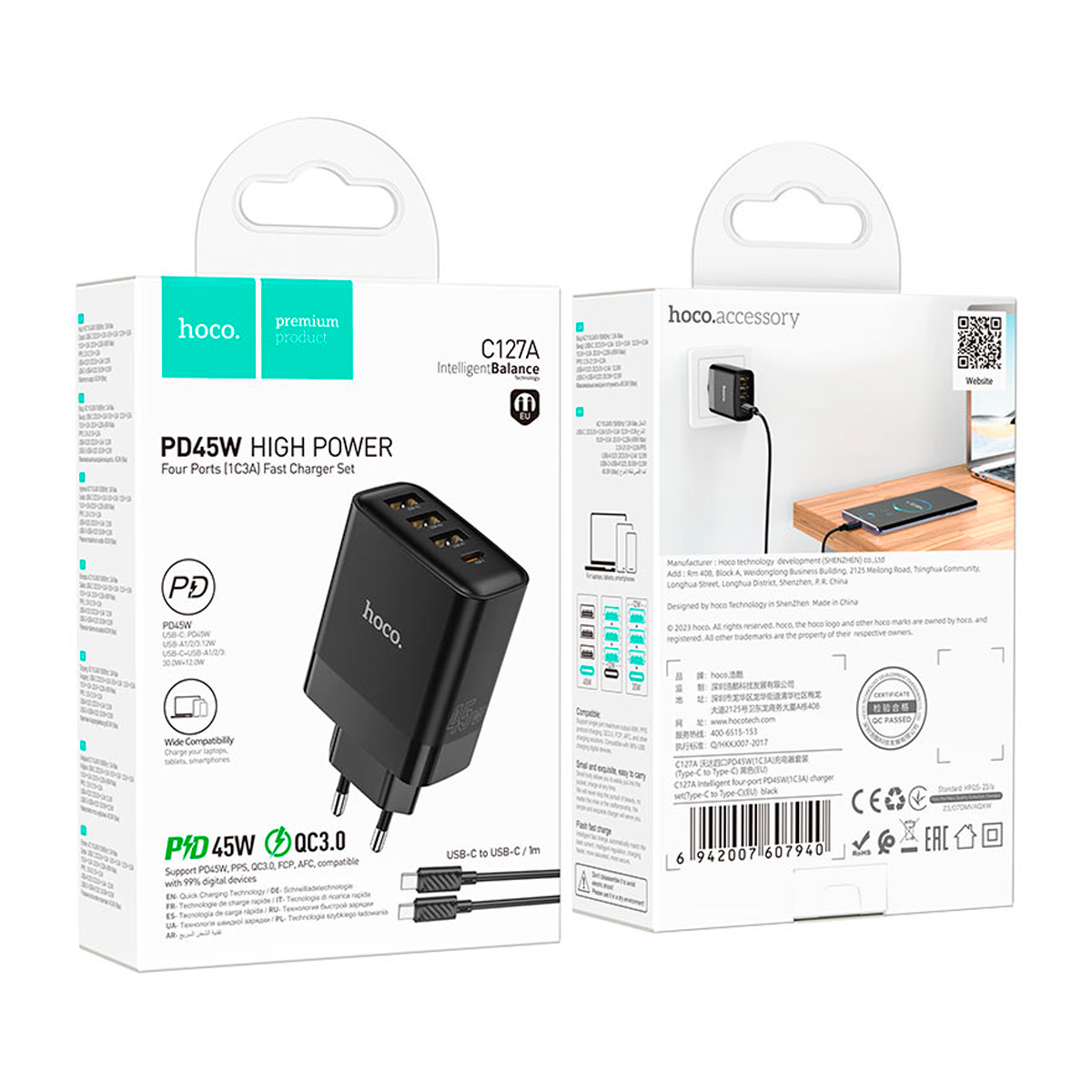 Cargador Hoco C127a 45w Carga Rapida + Cable Tipo C Negro – imagen 2