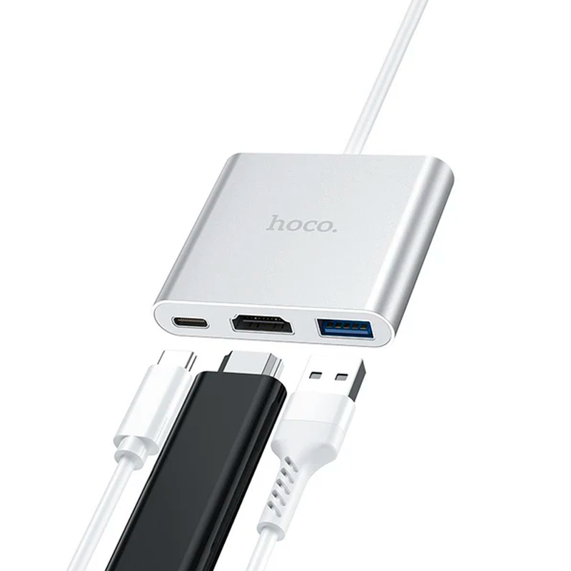 Adaptador Hub Hoco Hb14 Tipo C 3 en 1 Hdmi Usb Tipo C Gris – imagen 2