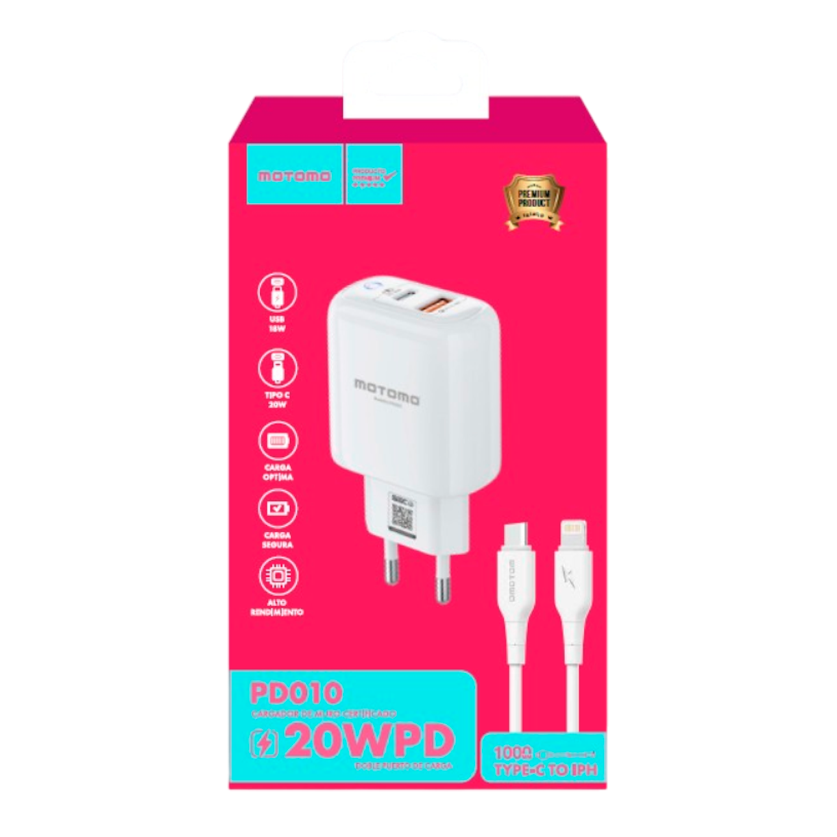 Cargador Motomo Pd010 20w Carga Rapida + Cable Tipo C Blanco