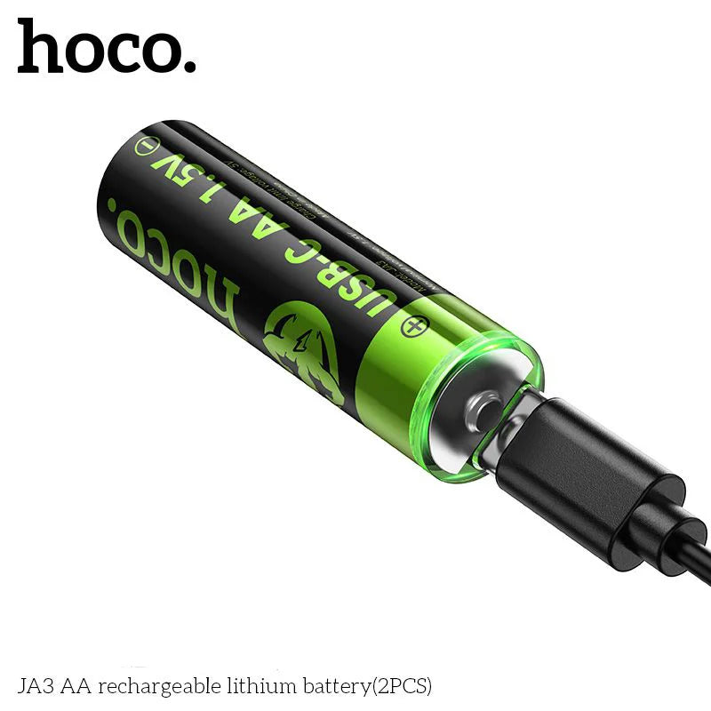 Pack 2 Pilas Recargables AA Hoco Ja3 Tipo C + Cable Dual Negro – imagen 2