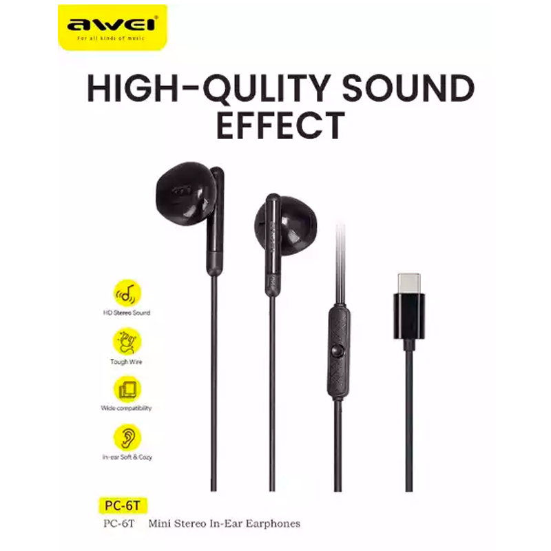 Audifonos In Ear Manos Libres Tipo C Awei Pc-6t 1.2m Negro – imagen 2