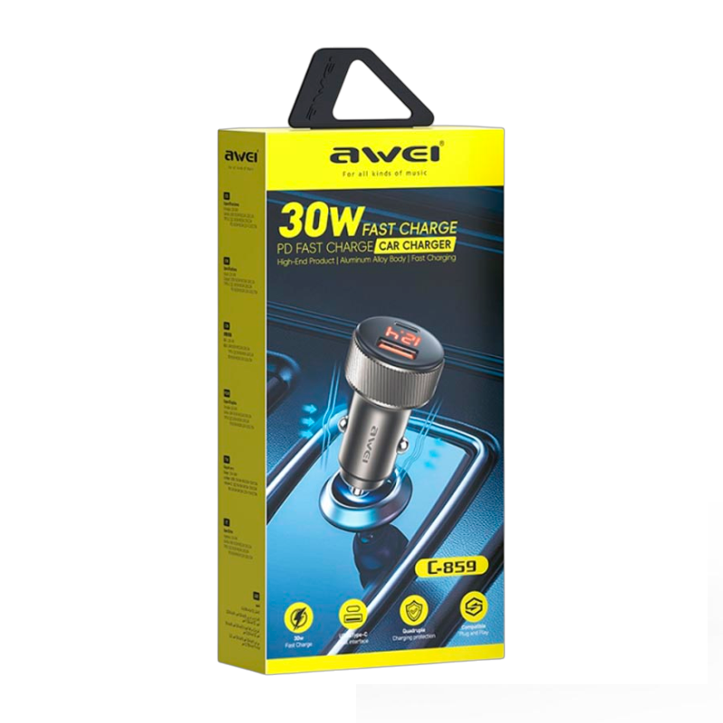 Cargador De Auto Doble Usb Tipo C Awei C-859 Negro – imagen 2