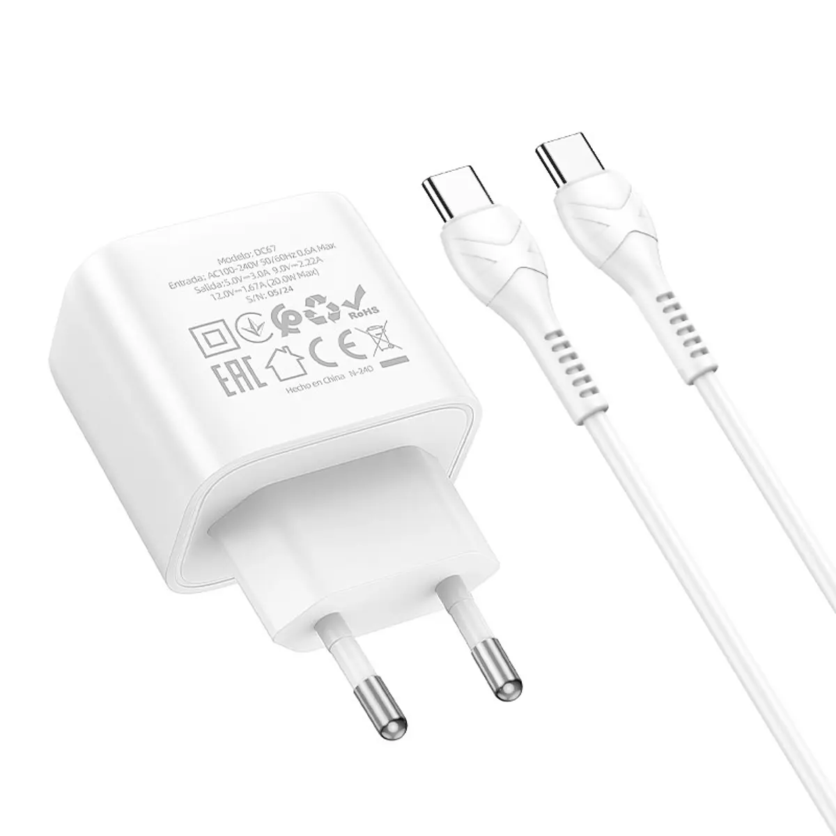 Cargador Carga Rapida Hoco Dc67 20w Tipo C a Tipo C Blanco – imagen 2