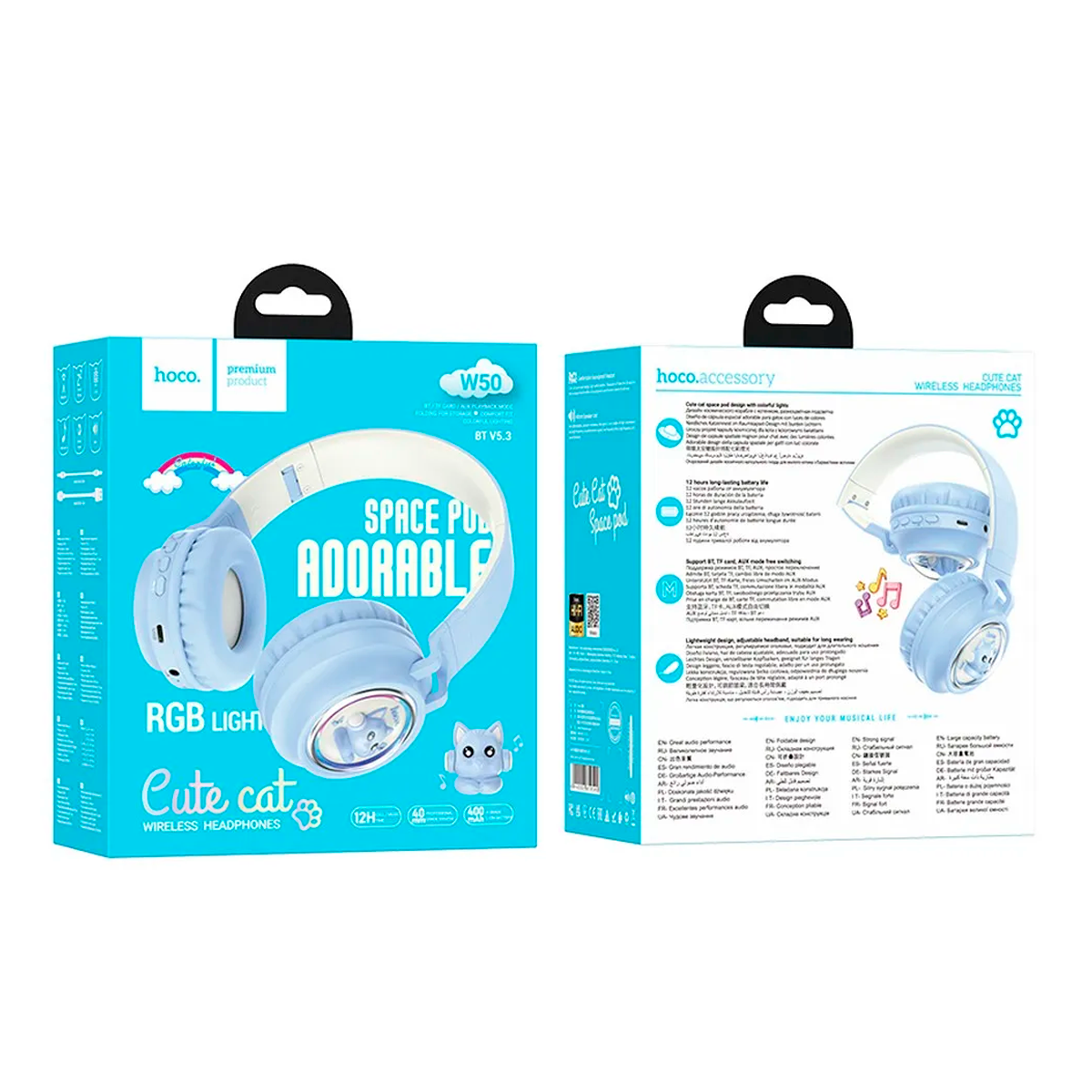 Audífonos Bluetooth Hoco W50 Headset Gato Celeste – imagen 2