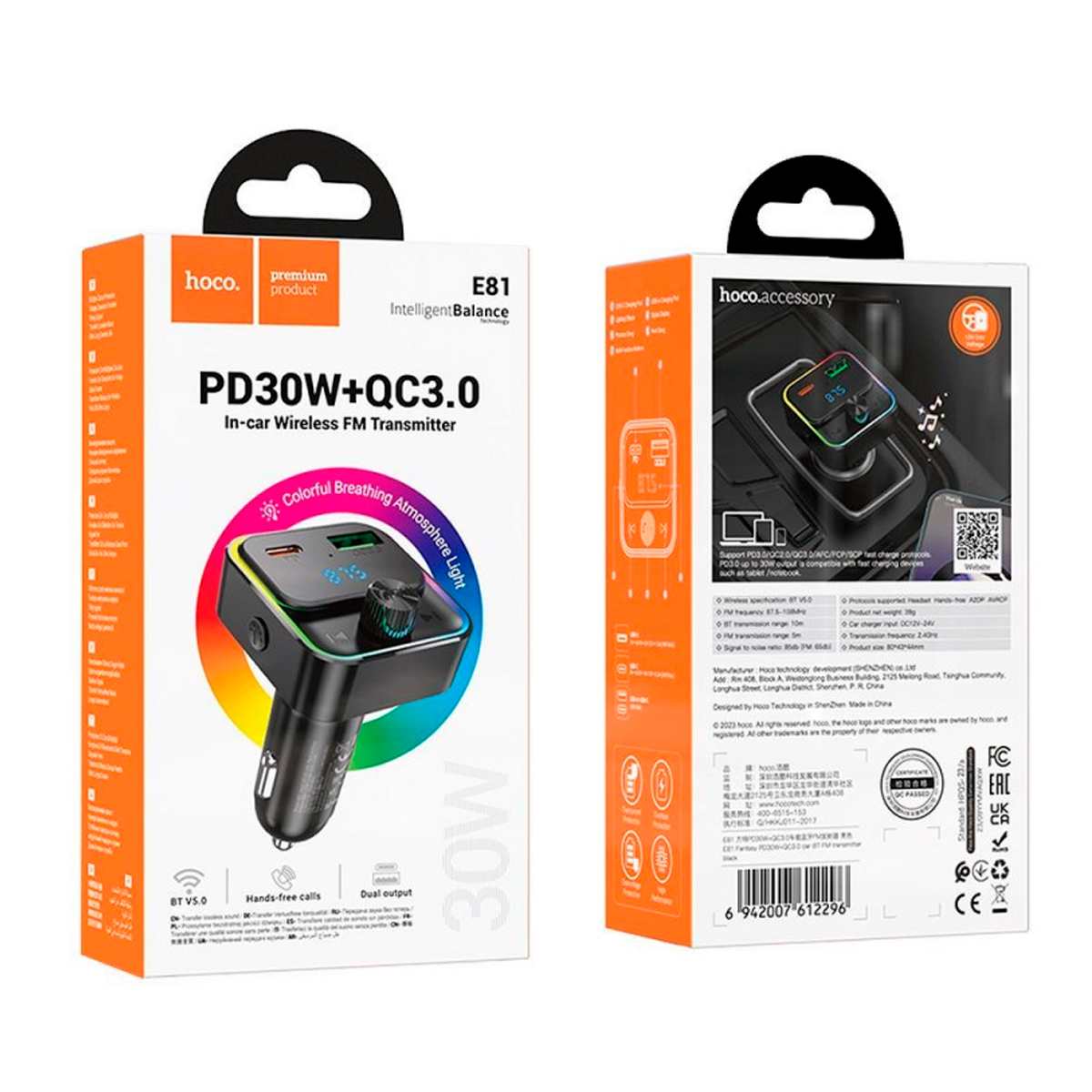 Cargador de Auto Hoco E81 Rgb 30w Qc 3.0 Negro – imagen 2
