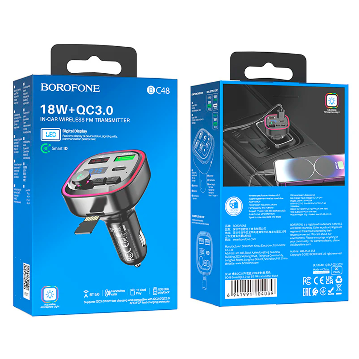 Cargador de Auto Borofone Bc48 Rgb 18w Qc 3.0 Negro – imagen 2