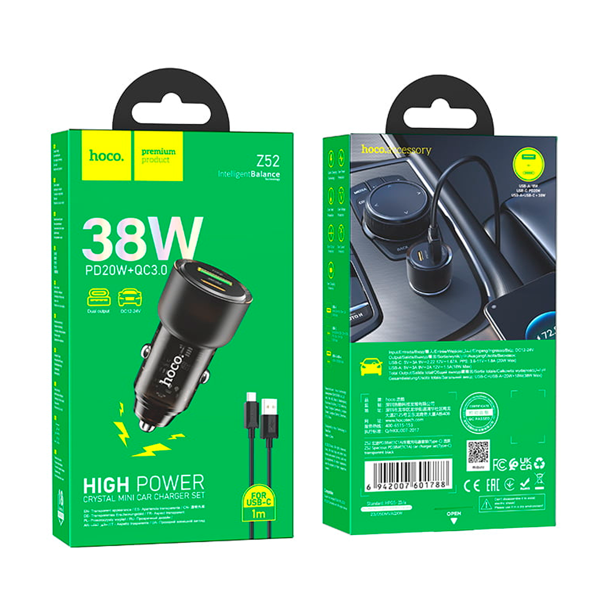 Cargador de Auto Hoco Z52 Dual 38w Cable Tipo C Negro – imagen 2