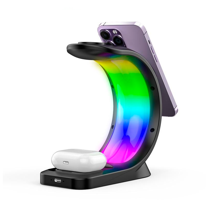 Cargador Inalámbrico 3 en 1 Motomo T-17 Magnetico Rgb Negro – imagen 2