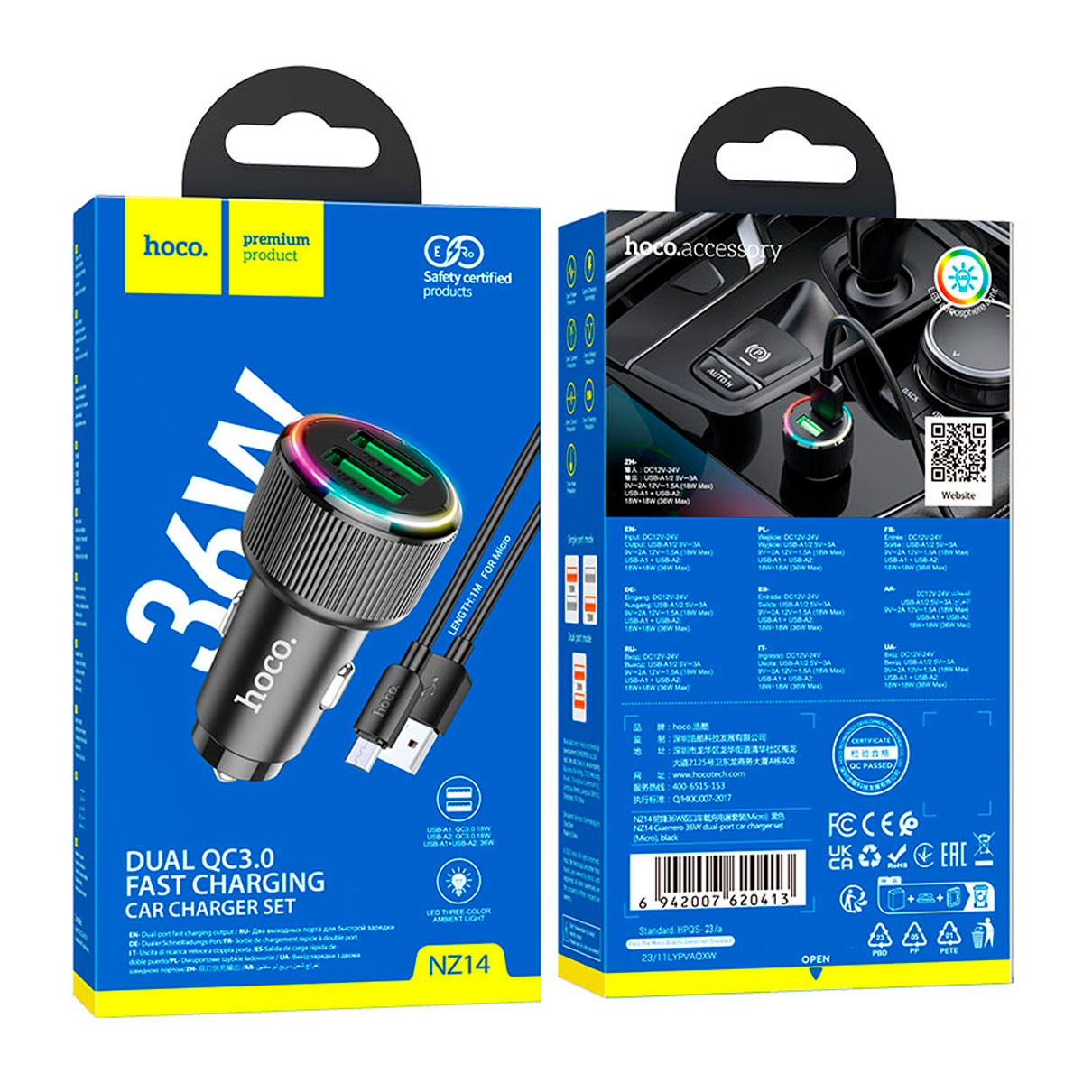 Cargador de Auto Hoco Nz14 Dual 36w + Cable Tipo C Negro – imagen 2