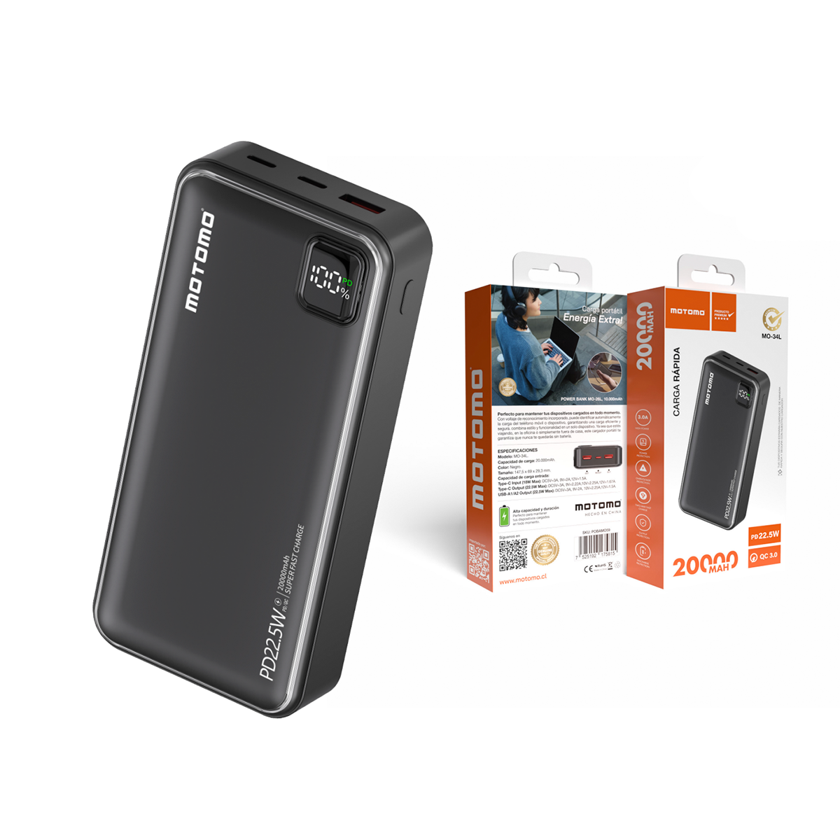 Powerbank Carga Rapida Motomo Mo-22l 20000 Mah Negro – imagen 3