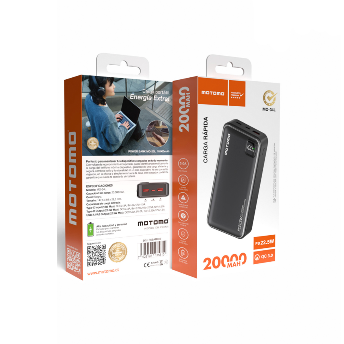 Powerbank Carga Rapida Motomo Mo-22l 20000 Mah Negro – imagen 2