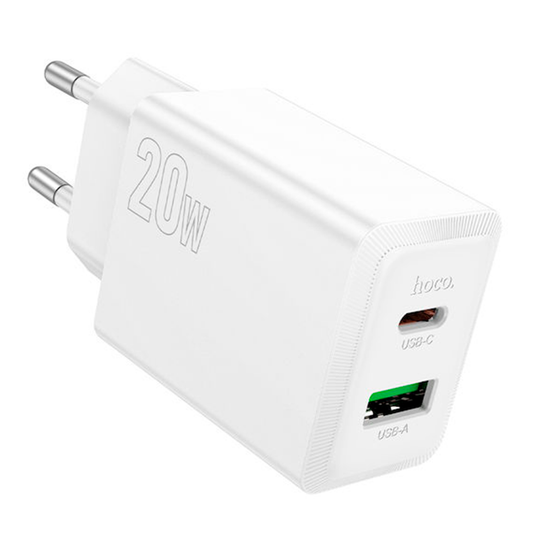 Cargador Rápido Hoco N69 20W USB-C + USB-A QC 3.0 Blanco