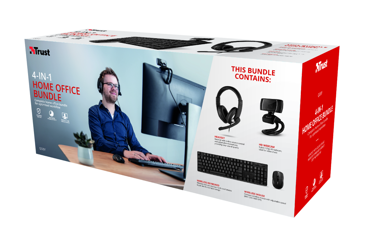Kit Home Office 4 en 1 Trust Qoby Teclado + Mouse + Audífonos + Camara – imagen 3