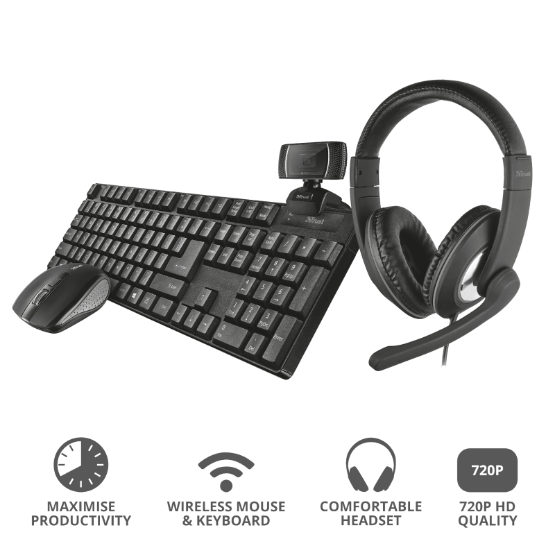 Kit Home Office 4 en 1 Trust Qoby Teclado + Mouse + Audífonos + Camara – imagen 2