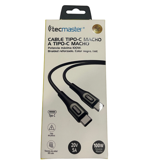Cable Tipo C a Tipo C 100W 1 Metro Reforzado Tecmaster Gris