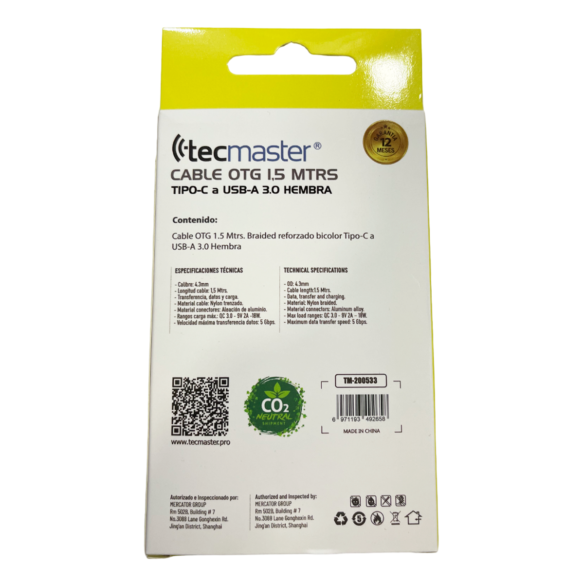 Cable Tipo C A Usb 3.0 Hembra Reforzado 1.5 Metros Tecmaster Negro – imagen 3