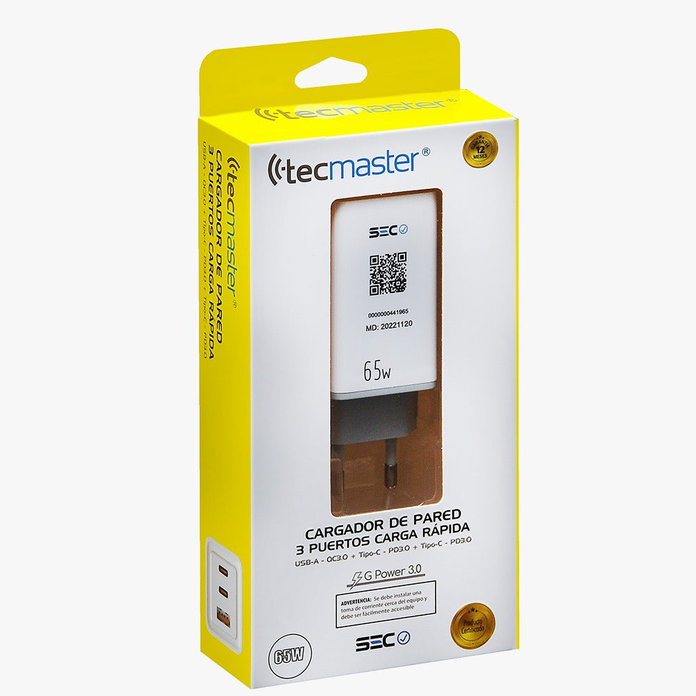Cargador Tecmaster 65w Carga Rapida QC3.0 3 Puertos Blanco – imagen 3