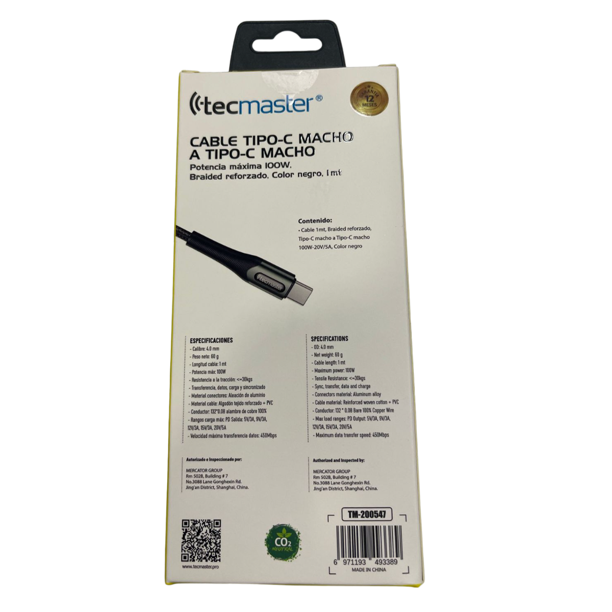 Cable Tipo C a Tipo C 100W 1 Metro Reforzado Tecmaster Gris – imagen 3