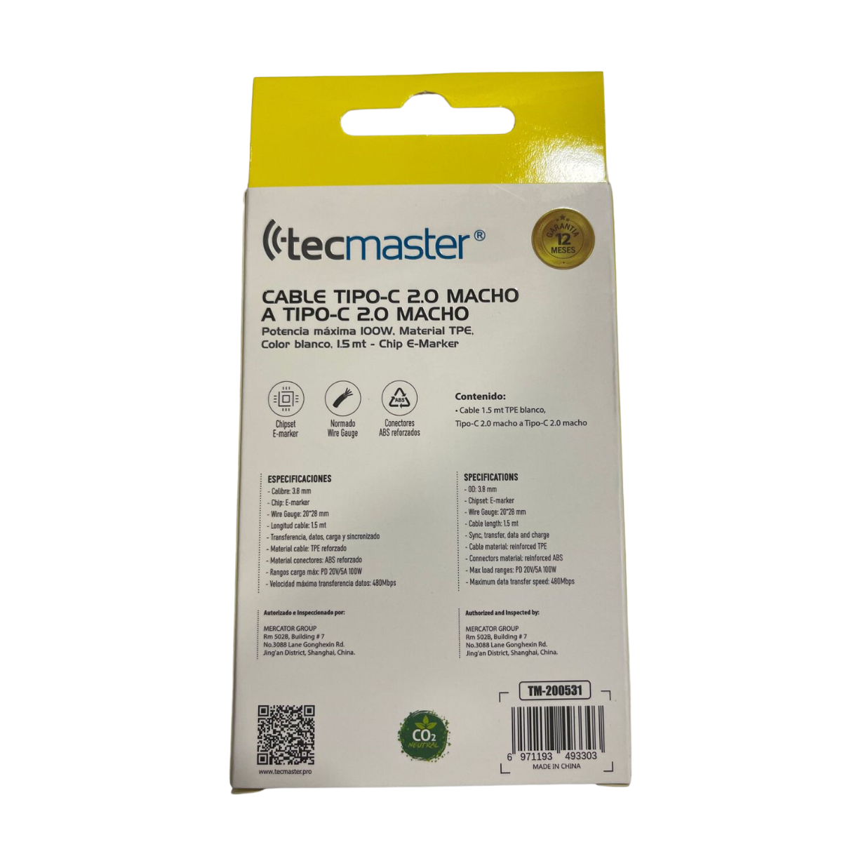 Cable Tipo C a Tipo C 100W 1.5 Metros Tecmaster Blanco – imagen 2