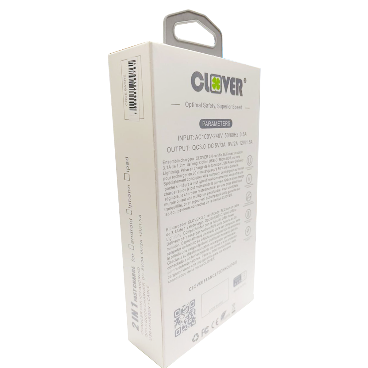 Cargador Clover Usb QC 3.0 + Cable Micro Usb 1.2m Blanco – imagen 2