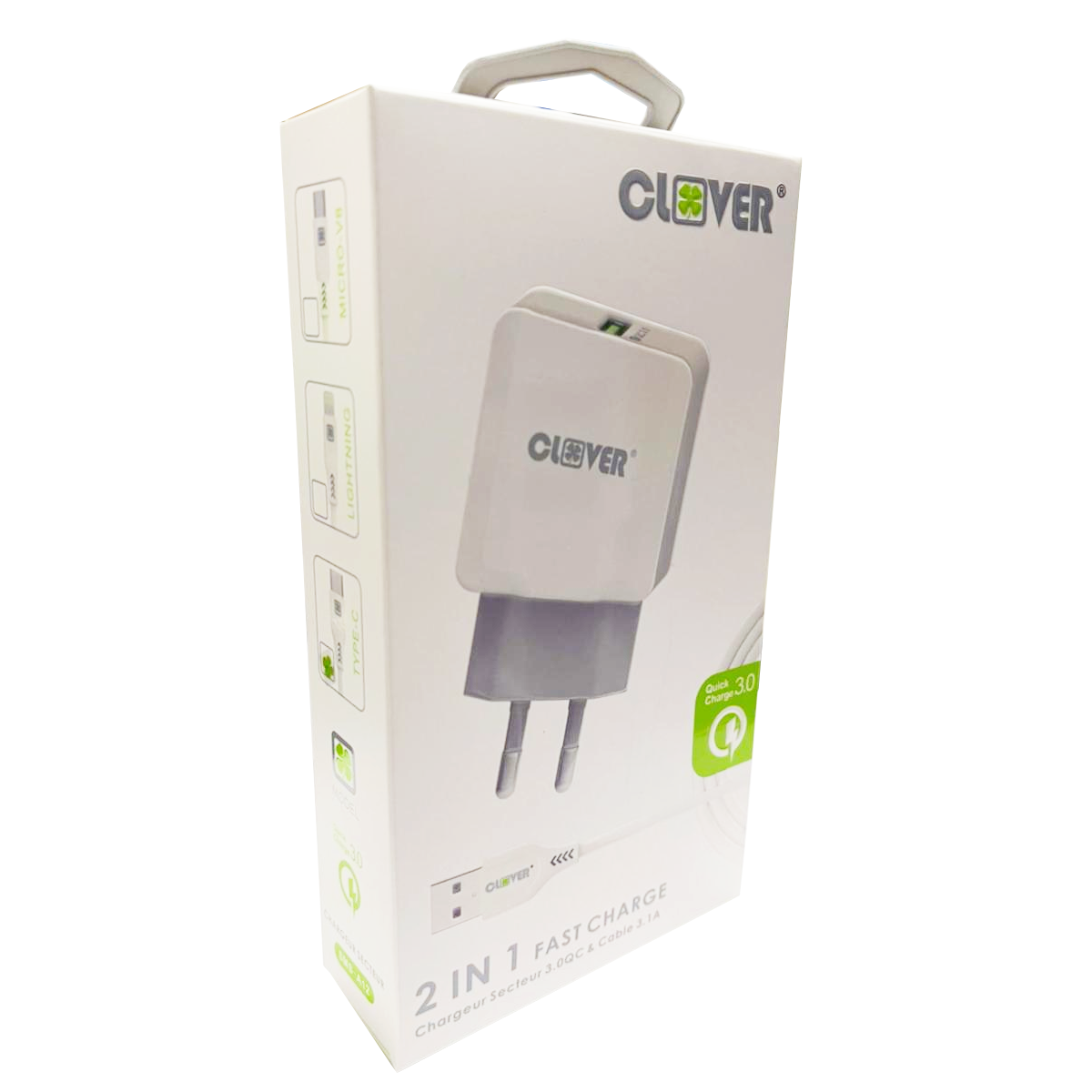 Cargador Clover Usb QC 3.0 + Cable Tipo C 1.2m Blanco – imagen 3