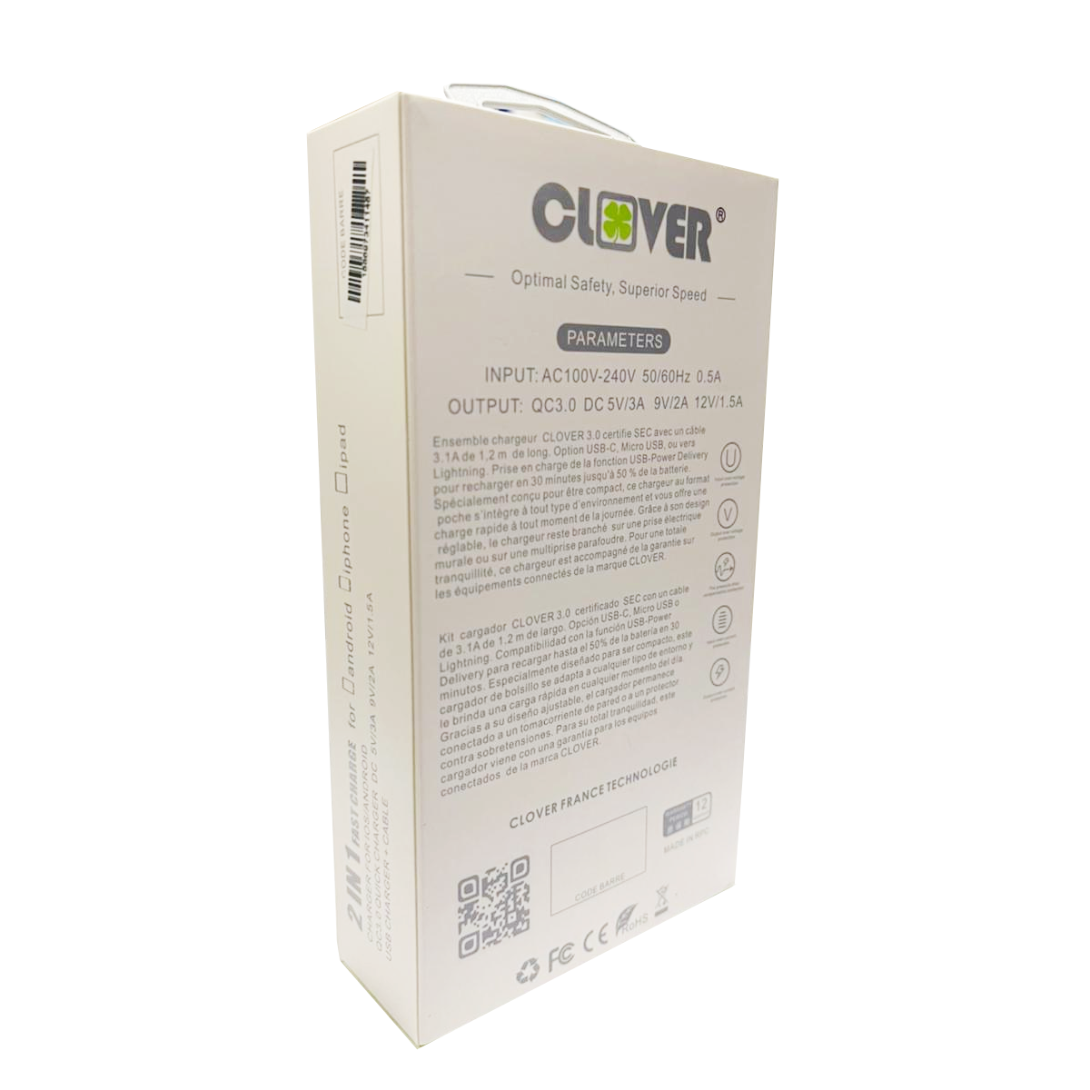 Cargador Clover Usb QC 3.0 + Cable Tipo C 1.2m Blanco – imagen 2