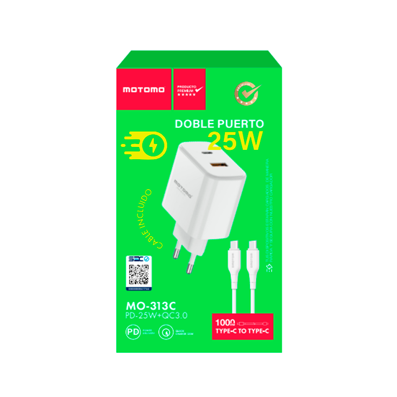 Cargador Rápido Motomo Mo-313c 25w Dual + Cable Tipo C Blanco – imagen 3