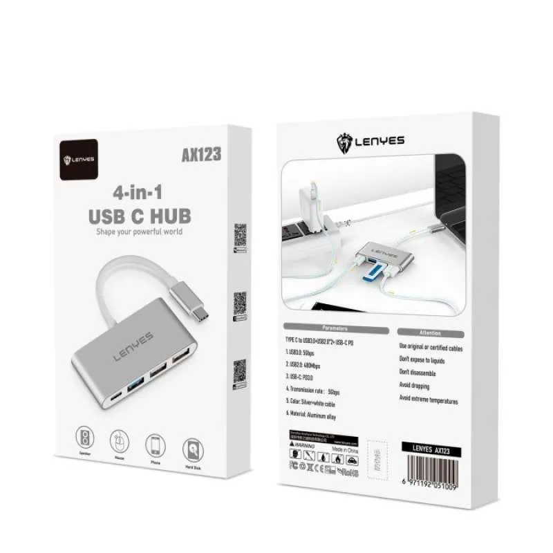 Adaptador Hub Lenyes 4 en 1 Ax123 Tipo C Usb 3.0 Gris – imagen 3