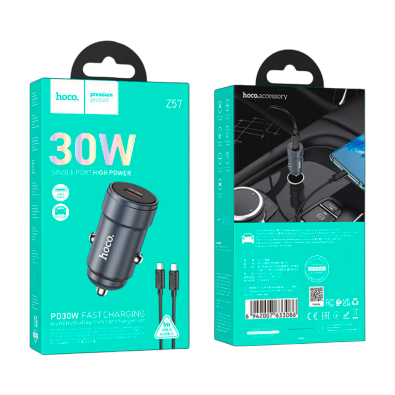 Cargador De Auto Usb Tipo C Hoco Z57 + Cable Tipo C Negro