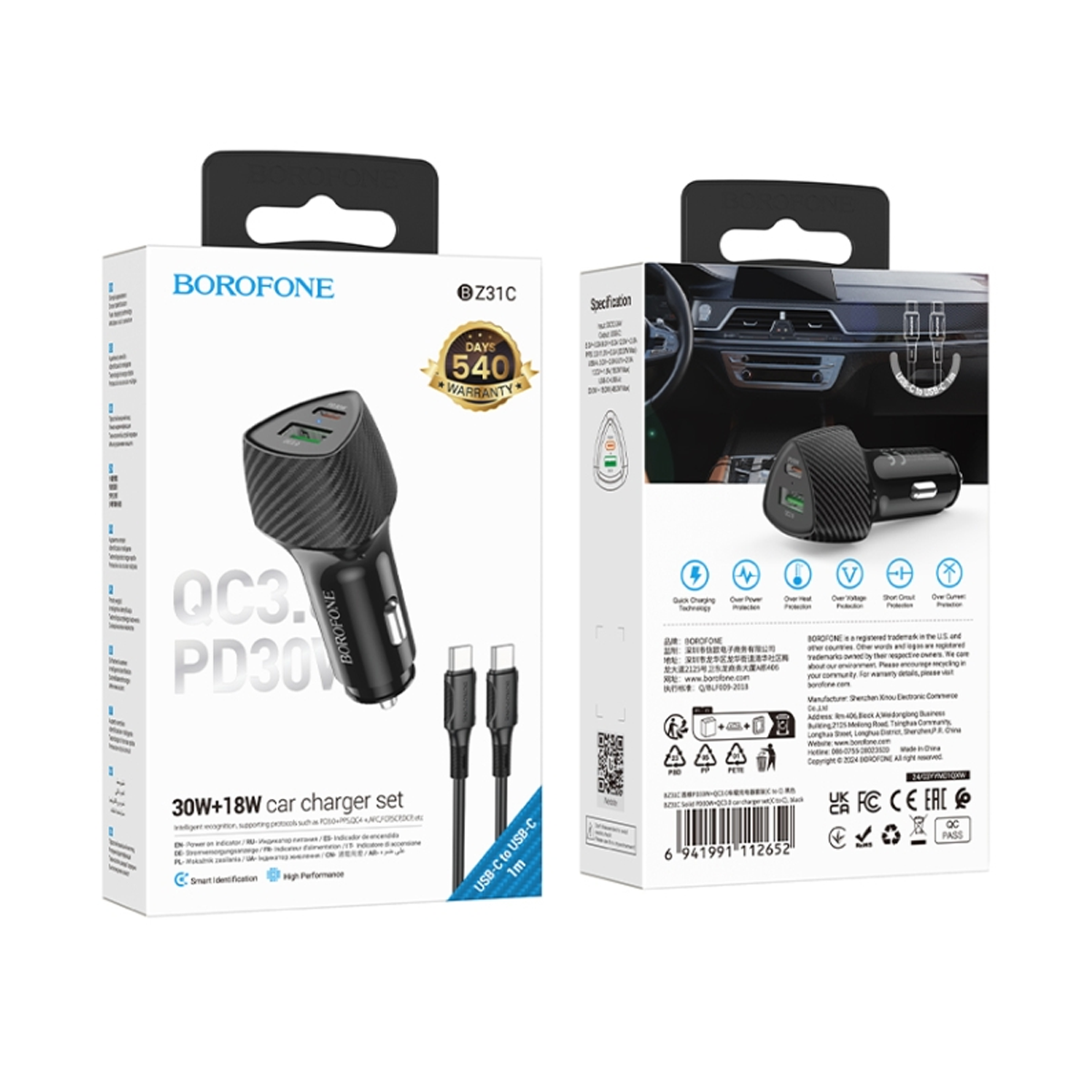 Cargador de Auto Borofone Bz31c 30w Dual + Cable Tipo C Negro – imagen 2
