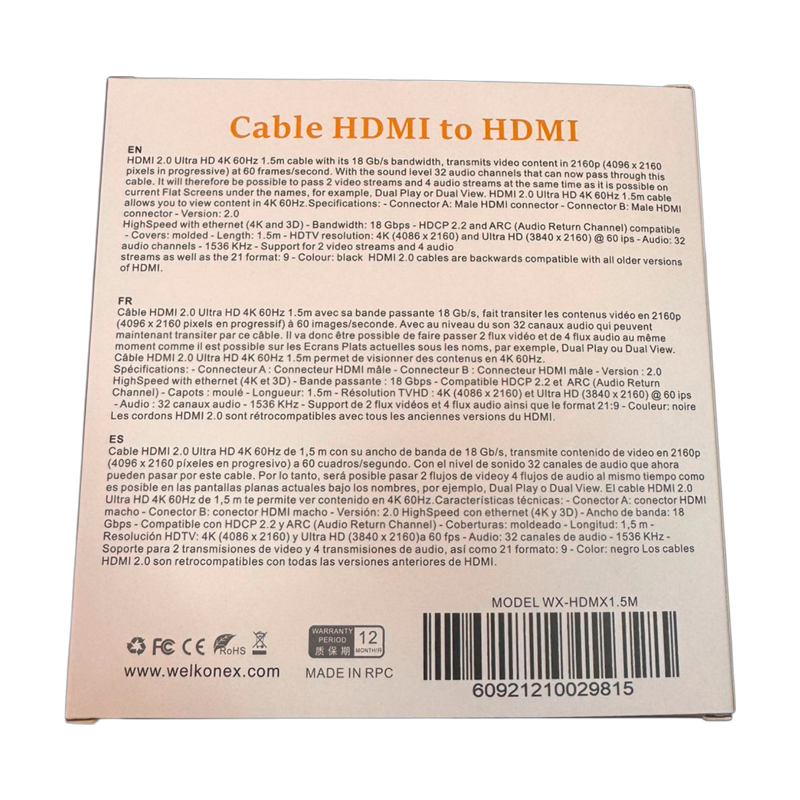 Cable Hdmi a Hdmi 4k 1.5 Metros Welkonex Negro – imagen 2