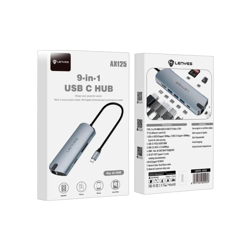 Adaptador Hub Lenyes 9 en 1 Ax125 Tipo C Usb Hdmi Micro Sd Rj45 – imagen 3