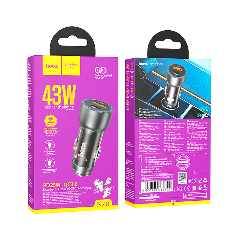 Cargador de Auto Hoco Nz8 Usb Q3.0 43w Dual Negro – imagen 3
