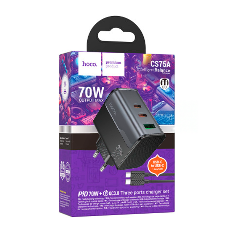 Cargador Carga Rapida Hoco Cs75a 70w Triple Tipo C Negro – imagen 3