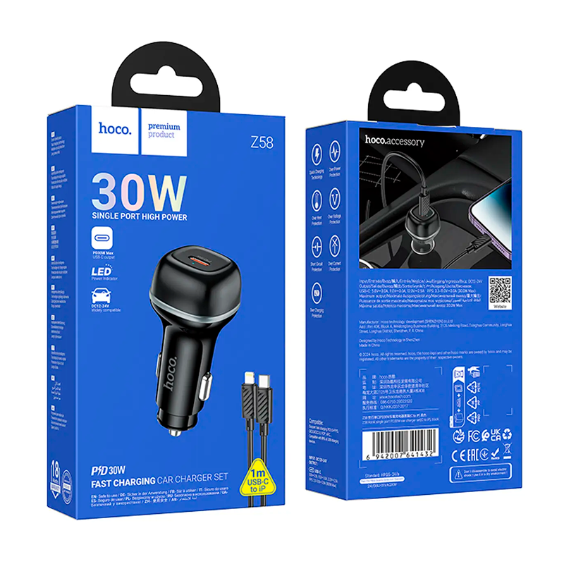 Cargador De Auto Hoco Z58 30w + Cable Tipo C a Lightning Negro – imagen 3