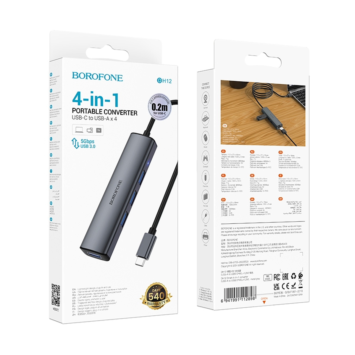 Adaptador Hub Tipo C 4 en 1 Borofone Dh12 Gris – imagen 2