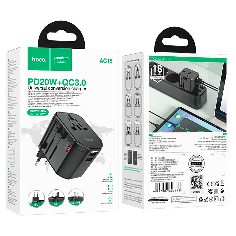 Adaptador Viajero Universal Hoco AC15 Walker Pd20w Negro – imagen 3