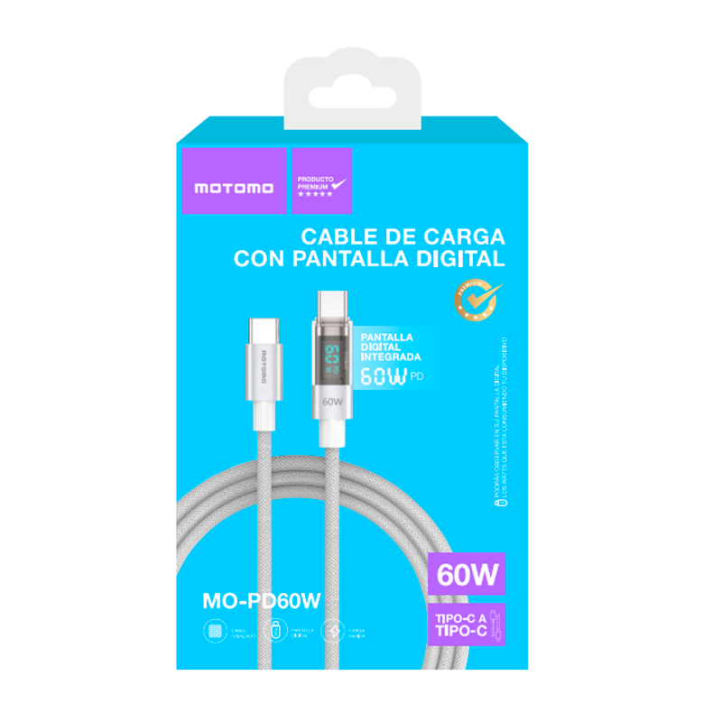 Cable Tipo C a Tipo C 60w Pantalla Digital Motomo Gris – imagen 3