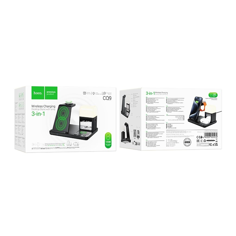 Cargador Inalámbrico 3 en 1 Hoco Cq9 15w Con Reloj Negro – imagen 3