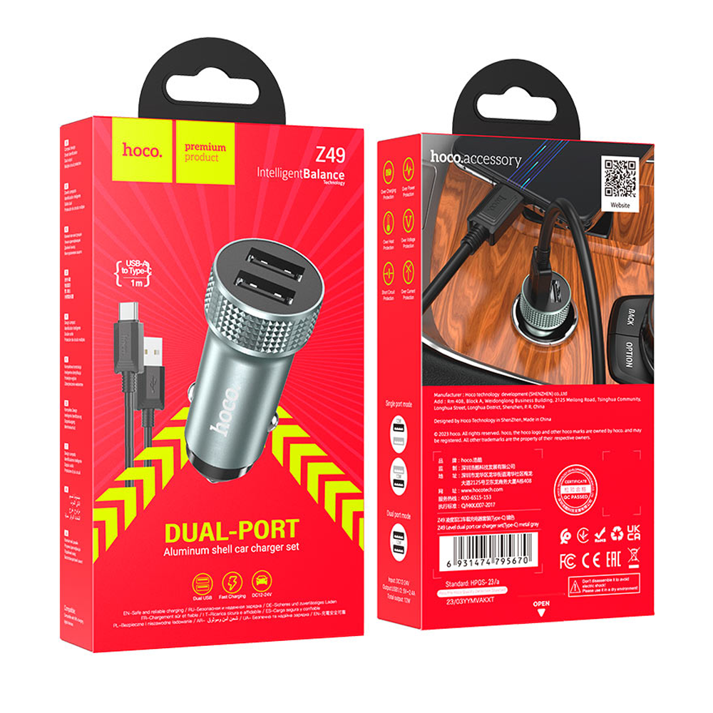 Cargador De Auto Hoco Z49 Dual Usb + Cable Tipo C – imagen 3
