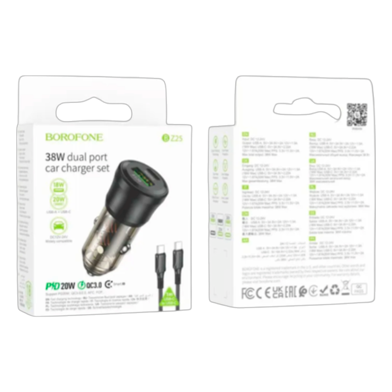 Cargador de Auto Borofone Bz25 Dual 38w + Cable Tipo C Gris – imagen 3