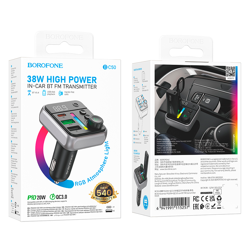 Cargador Transmisor de Auto Borofone Bc50 Rgb 20w Qc 3.0 Negro – imagen 2