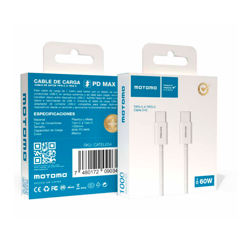 Cable Tipo C a Tipo C 60w Motomo Trenzado 1 Metro Blanco – imagen 2