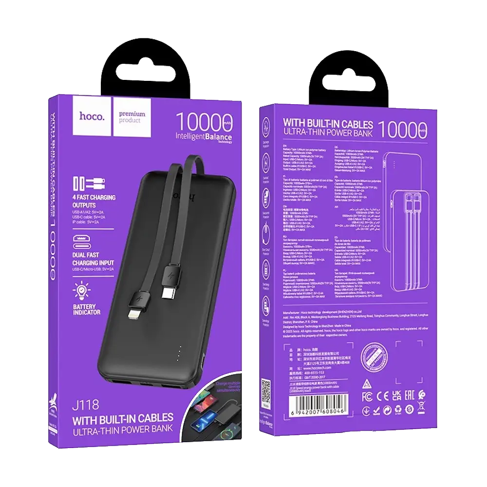 Powerbank Carga Rapida Hoco J118 Speed 10000 Mah Dual Cable – imagen 3