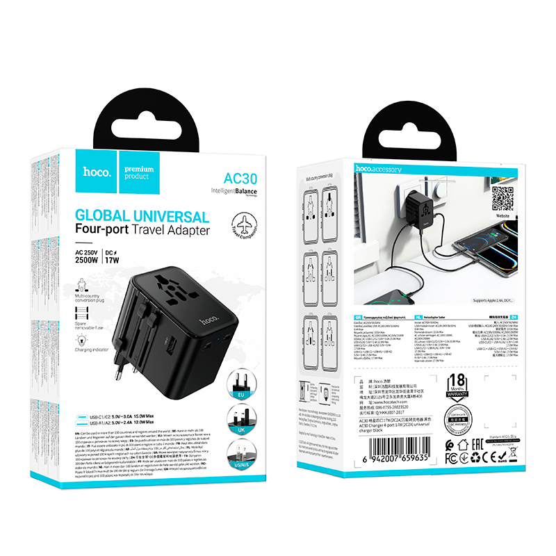 Adaptador Viajero Universal Hoco AC30 4 Puertos 17w Negro – imagen 3