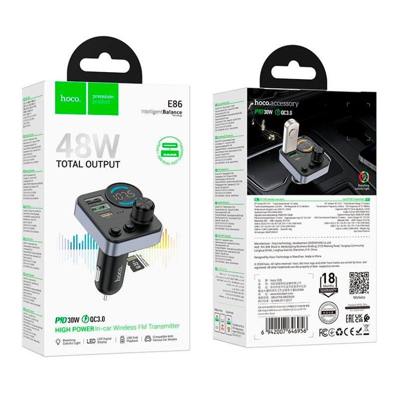 Cargador de Auto Transmisor Hoco E86 Rgb 48w Qc 3.0 Negro – imagen 2